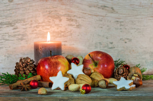 istock Christmas decoration with candle and food 854700256