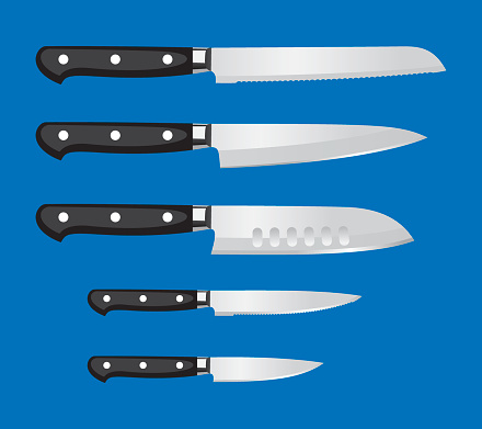 Vector illustration of a set kitchen knives in flat style against a blue background.