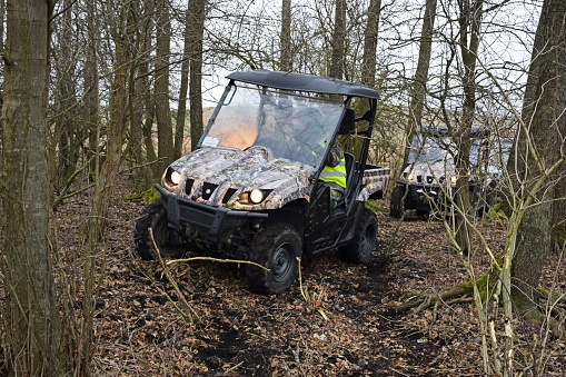 Warchaly, Poland - February 18, 2016: Quad side-by-side Yamaha Rhino 660 driving in the forest. The Yamaha is one of the largest quad producer in the world.