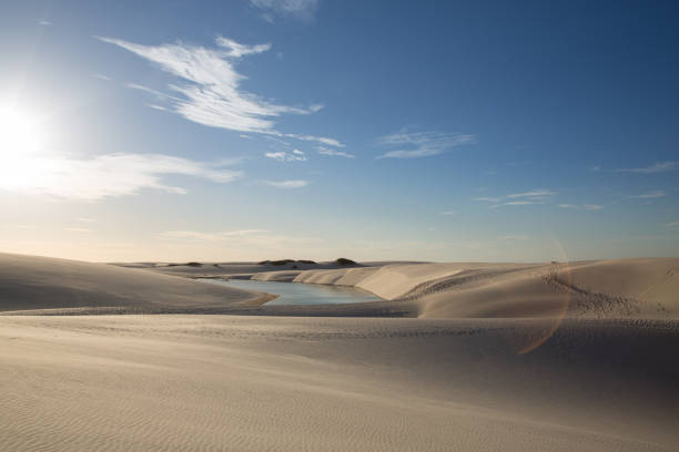 Golden dunes at the sunset of the lençois maranhenses with a photo flare stock photo