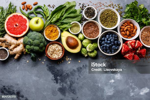 Alimentos Saludables Comer Selección Limpio Foto de stock y más banco de imágenes de Vegetal - Vegetal, Comida sana, Fruta