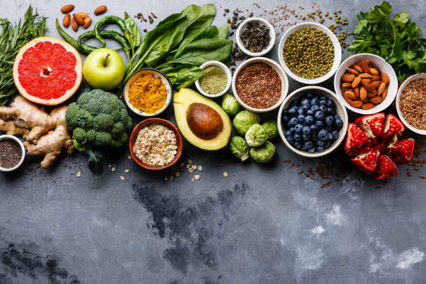 healthy food clean eating selection - superfood avocado fruit vegetable imagens e fotografias de stock