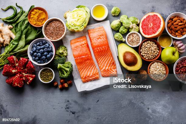 Healthy Food Clean Eating Selection Stock Photo - Download Image Now - Healthy Eating, Food, Omega-3