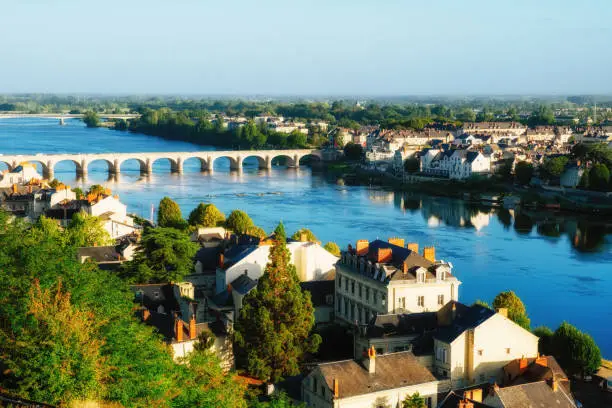 Hilltop view of the medieval town of Saumur in the Loire Valley region of France.
