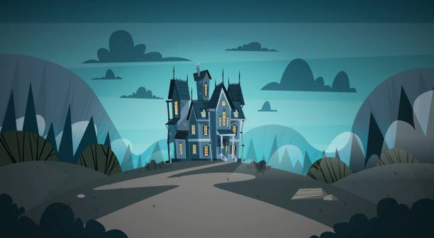 готический замок дом в лунном свете страшно здание с призраками хэллоуин праздник концепции - haunted house stock illustrations