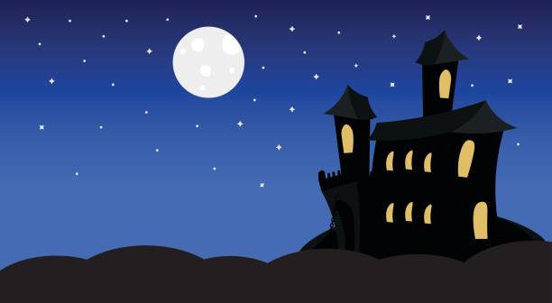 istock Silhouette Castle With Ghosts In Moonlight Scary Shadows Happy Halloween Banner Trick Or Treat Concept Holiday 854734158