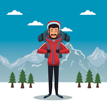 winter mountain landscape poster with scaler man with equipment