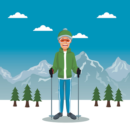 winter mountain landscape poster with scaler guy with equipment