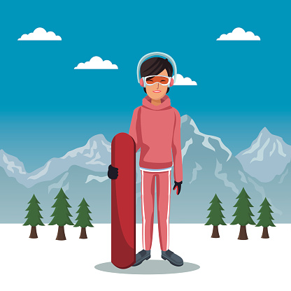 winter mountain landscape poster with skiere woman with equipment and sky table