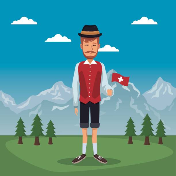 illustrazioni stock, clip art, cartoni animati e icone di tendenza di montagna paesaggio valle poster della svizzera con l'uomo in costume tradizionale con piccola bandiera - mountain landscape mountain peak small