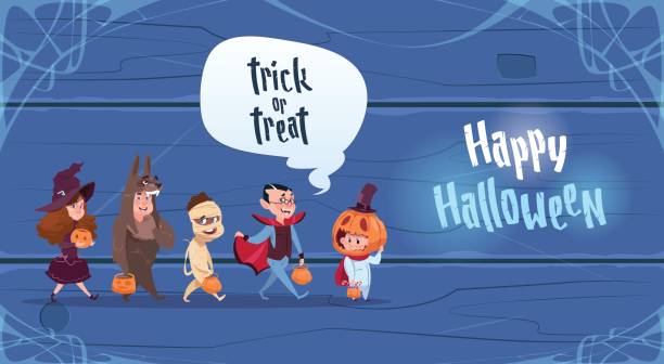 симпатичные дети носят костюм монстров, счастливый хэллоуин баннер партия празднование концепции - child autumn scarecrow decoration stock illustrations