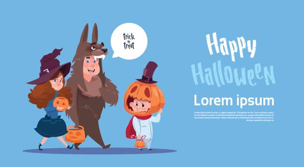 симпатичные дети носят костюм монстров, счастливый хэллоуин баннер партия празднование концепции - child autumn scarecrow decoration stock illustrations