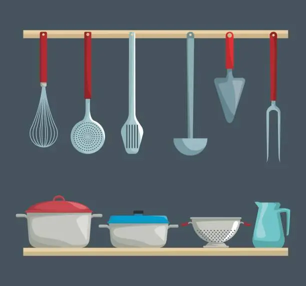 Vector illustration of blue color background with different utensils of kitchen hanging and set pots in wood shelf