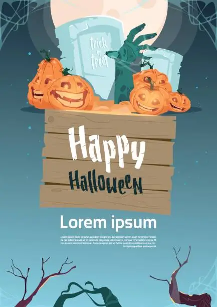 Vector illustration of Happy Halloween Party Banner Pumpkins On Cemetery Traditional Decoration Holiday Greeting Card
