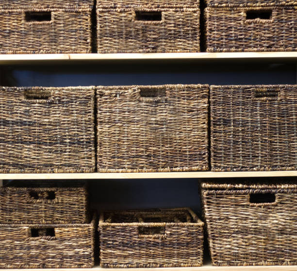 Wicker Storage Baskets Neatly Stacked on Shelves