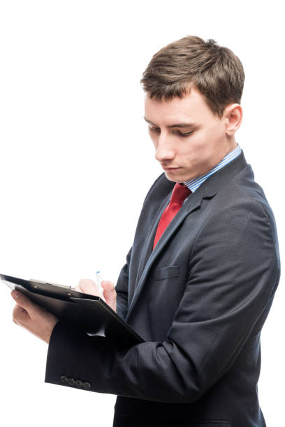 istock Vertical portrait of a director with important documents on a white background 854758248