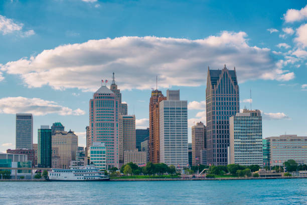 Skyline of downtown Detroit from Windsor, Ontario stock photo