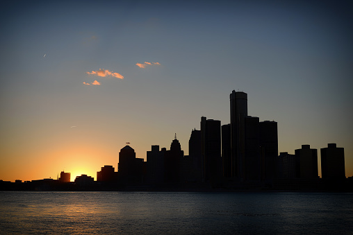 View of Detroit city skyline at sunset from Windsor, Ontario