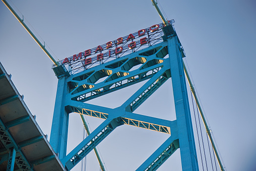 Close up detail of Ambassador Bridge connecting Windsor, Ontario to Detroit Michigan