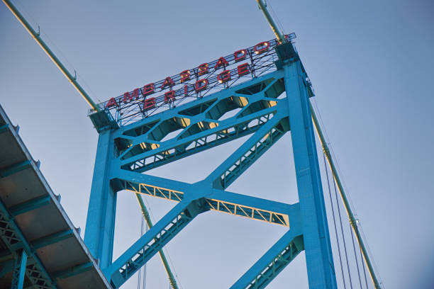 Detail of Ambassador Bridge connecting Windsor, Ontario to Detroit Michigan stock photo