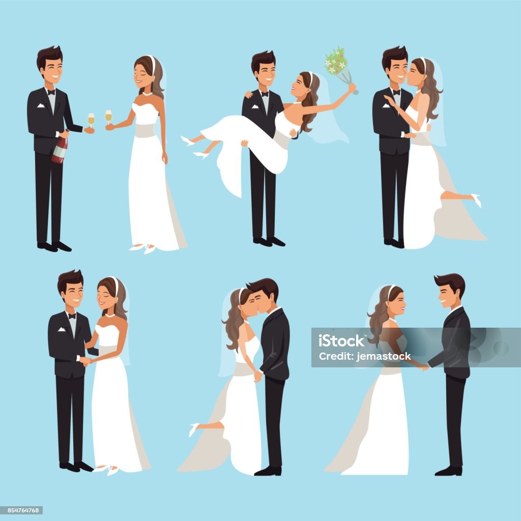 color background with scenes of newly married couple in different standing color background with scenes of newly married couple in different standing vector illustration Groom - Human Role stock vector