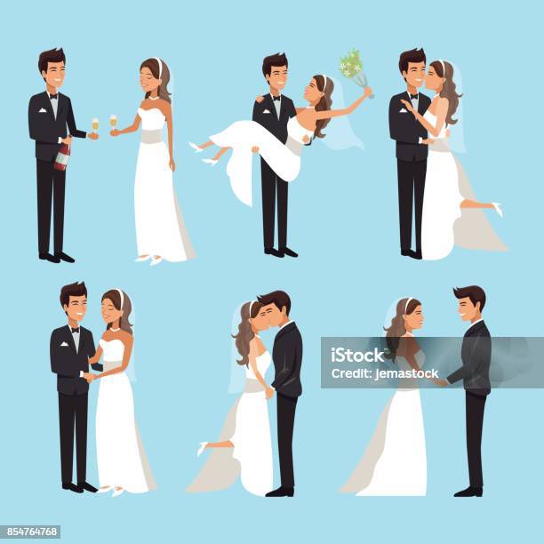 Color Background With Scenes Of Newly Married Couple In Different Standing Stock Illustration - Download Image Now