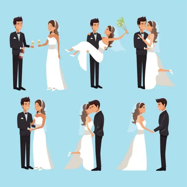 Vector illustration of color background with scenes of newly married couple in different standing