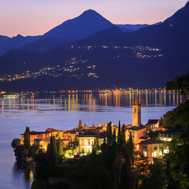 Stunning view at dusk looking over Varenna on Lake Como, Italy