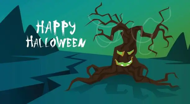 Vector illustration of Happy Halloween Banner Trick Or Treat Concept Holiday Greeting Card Horror Scary Tree