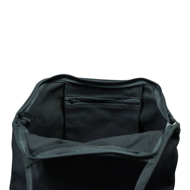 istock Opened black fabric bag isolated on white background. Cloth handbag for your design. Clipping paths object. 854777334