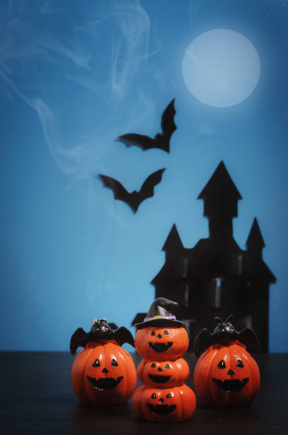istock Halloween pumpkins jack-o-lantern on blue background. Halloween pumpkin background. Halloween. jack-o-lantern. Halloween jack-o-lantern. Happy Halloween. 854790228
