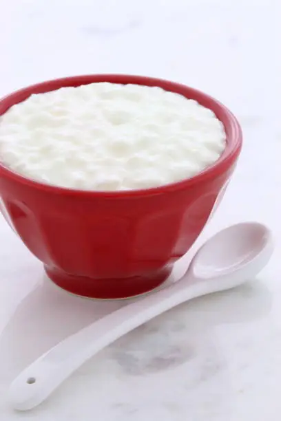 Delicious, nutritious and healthy fresh cottage cheese on vintage carrara marble setting.