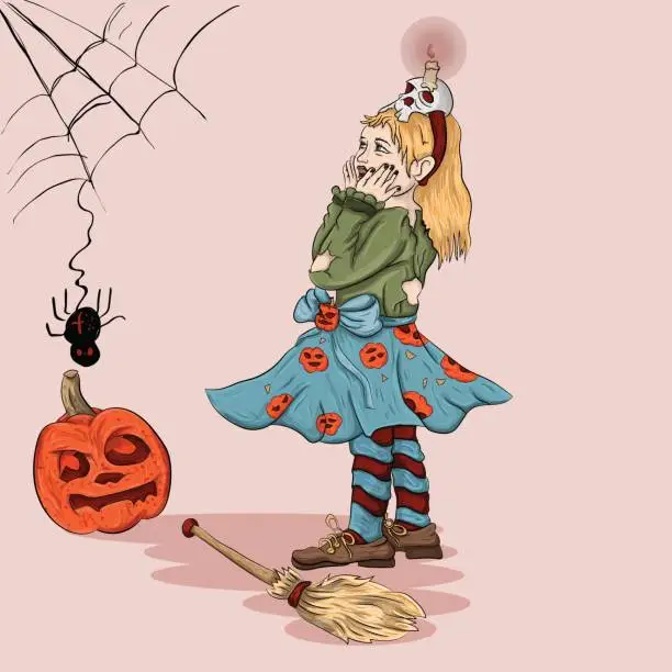 Vector illustration of girl teenager in a witch suit is surprised
