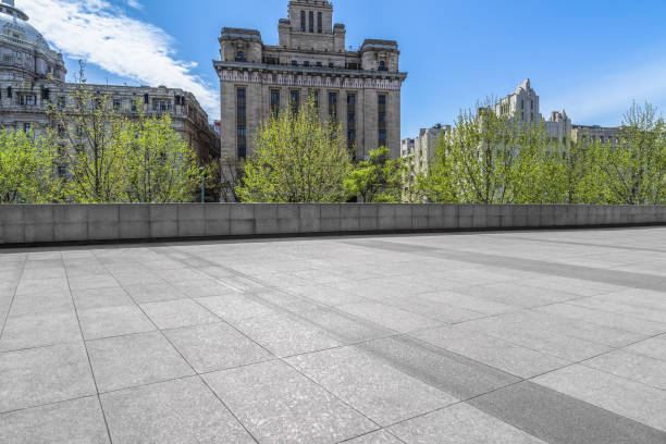 istock Empty brick floor with shanghai city skyline background 854808200