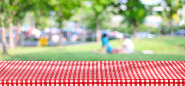 istock Empty table with red checked tablecloth over blur park with people and bokeh background, banner, food and product display montage 854815074