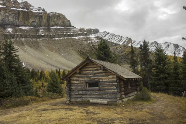Halfway Hut, vintage landmark log cabin on great hiking trail to Skoki area of Banff National Park near Lake Louise Rocky Mountains Alberta Canada