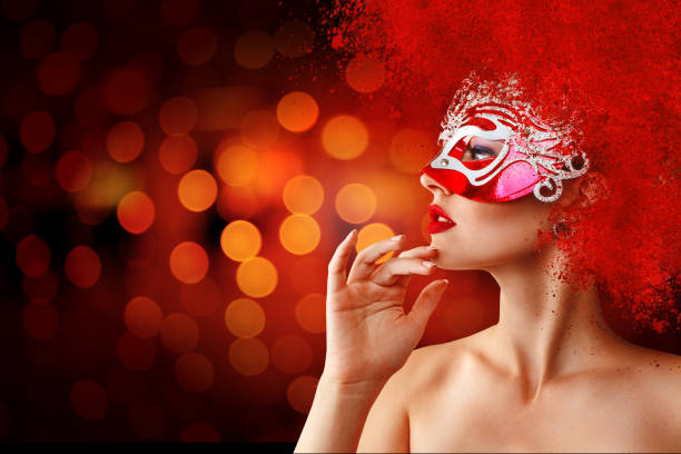Young woman portrait in night city Beautiful young woman portrait with night city street lights painted masquerade masks stock pictures, royalty-free photos & images
