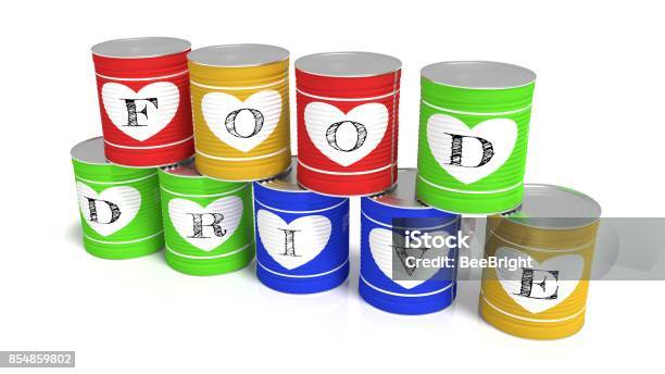 Nine Stacked Tin Cans In Different Colors Charity Concept Stock Photo - Download Image Now