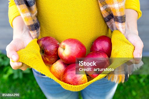 istock Farming, gardening, harvesting, fall and people concept - woman with apples at autumn garden 854864290