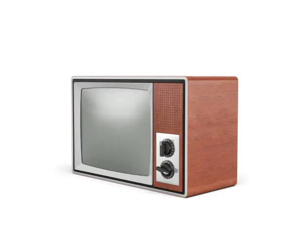 3d rendering of a turned-off retro TV with a big screen and two rotary switches. TV shows. Old-school appliances. Retro interior.