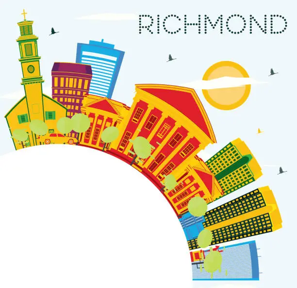 Vector illustration of Richmond Skyline with Color Buildings, Blue Sky and Copy Space.