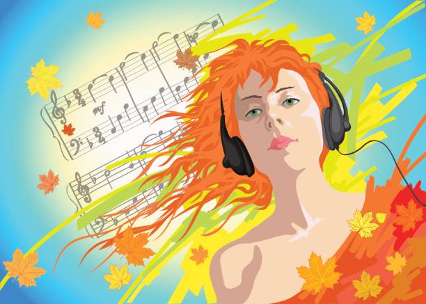 Vector illustration of a young girl in headphones Vector illustration of a young girl in headphones on a bright background poplar tree audio stock illustrations