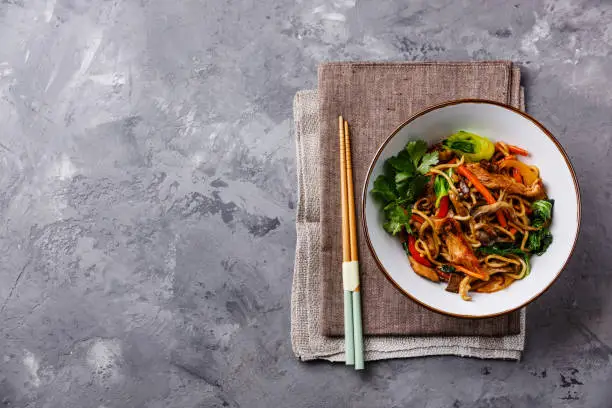 Udon stir fry noodles with Chicken meat and vegetable in bowl on concrete background copy space