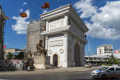 Skopje, Republic of Macedonia - May 13, 2017: Macedonia Gate arch, Skopje, Macedonia