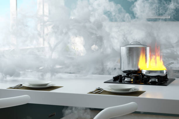 insurance conept of a burning kitchen 3d rendering