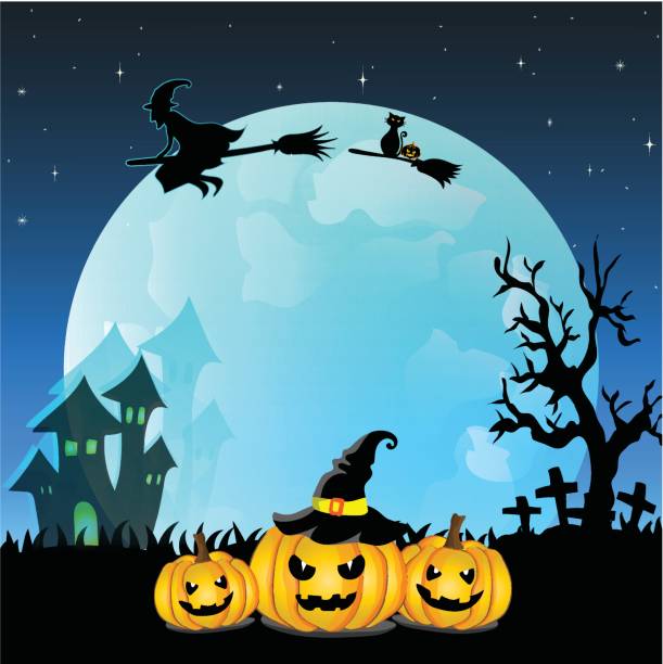 istock Halloween pumpkins wearing witch hat with blue shinny moon background and silhouette of dead tees, dark castle, flying witch and cat, vector and illustration 854925322