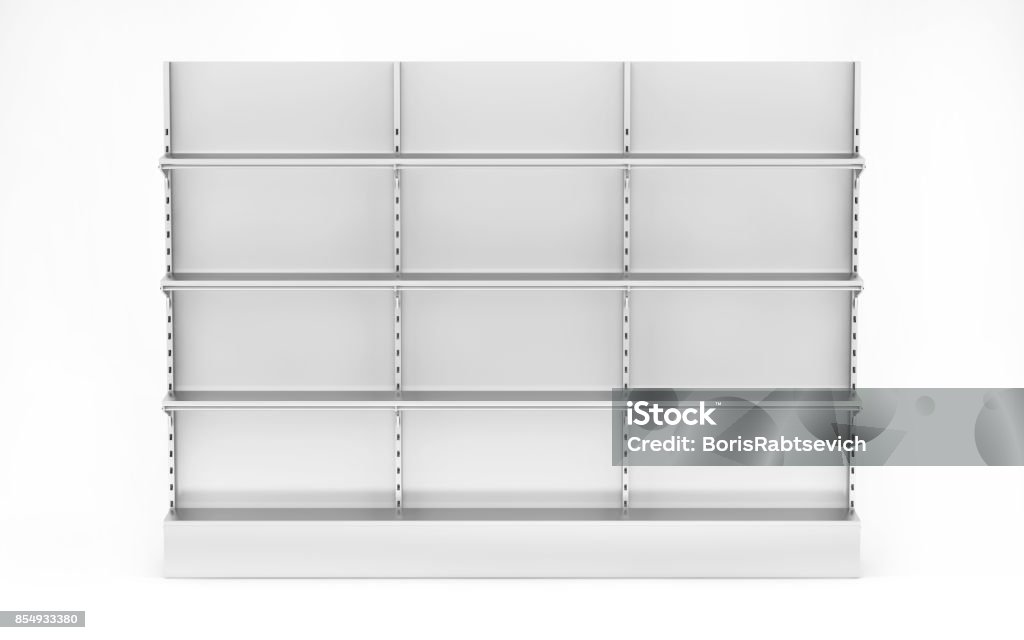 Blank Empty Showcase Display With Retail Shelves Blank Empty Showcase Display With Retail Shelves. 3D rendering. isolated with clipping path Supermarket Stock Photo