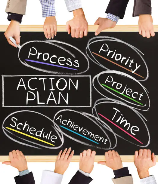 Photo of business hands holding blackboard and writing ACTION PLAN concept