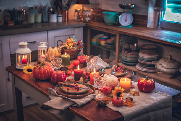 istock Decorated Table for Thanksgiving Dinner with Candles, Pumpkins, Leafs and Nuts 854938262
