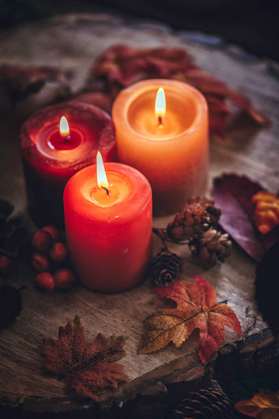 istock Autumn Decoration Background with Candles, Pumpkins, Leafs and Nuts 854938284
